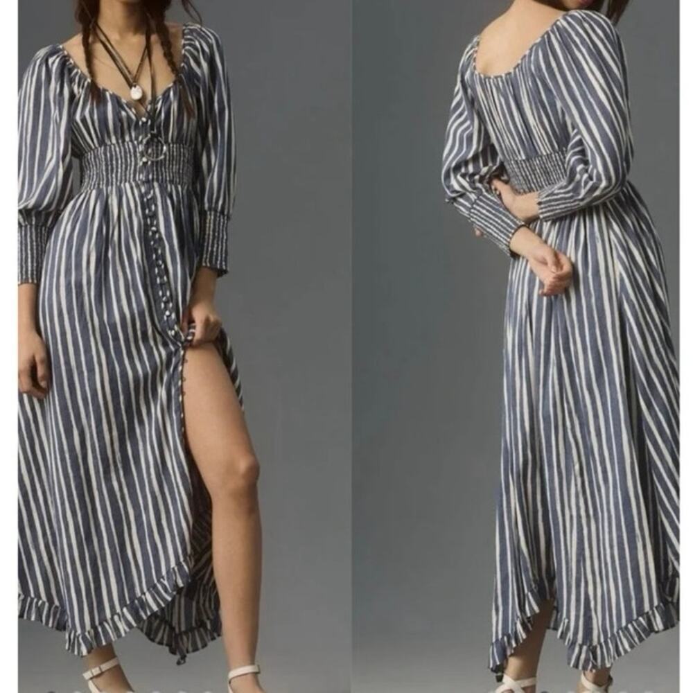 Anthro Striped Smocked Sweetheart Midi Dress M - Picture 2 of 8